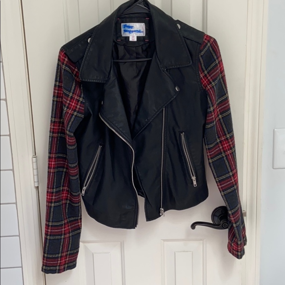 Leather jacket/ plaid